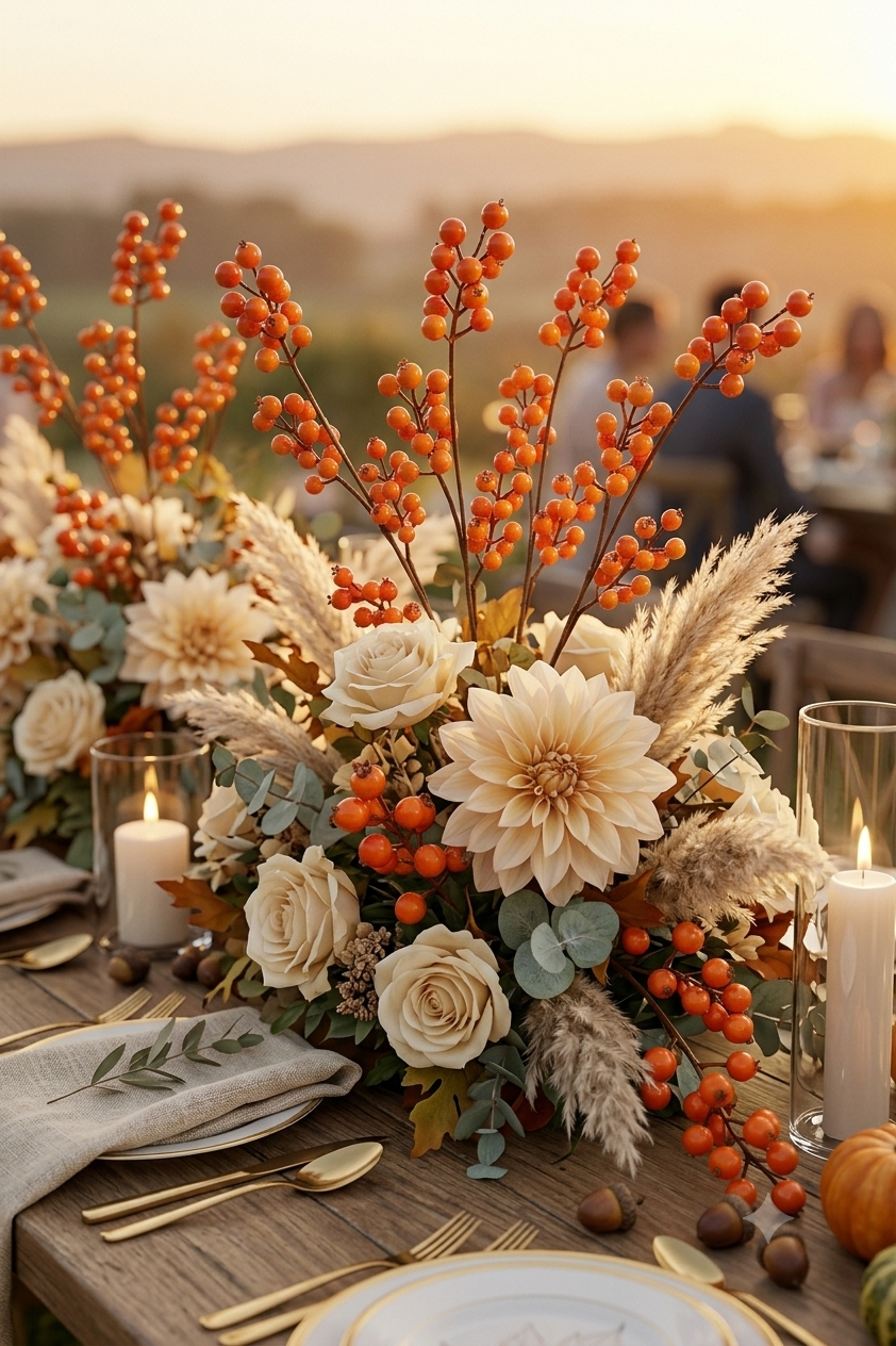 Centro de mesa de otoño decorado con ramas artificiales de bayas naranjas, rosas, dalias, pampas y follaje para eventos y bodas.