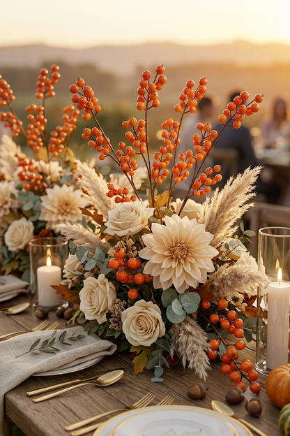 Centro de mesa de otoño decorado con ramas artificiales de bayas naranjas, rosas, dalias, pampas y follaje para eventos y bodas.