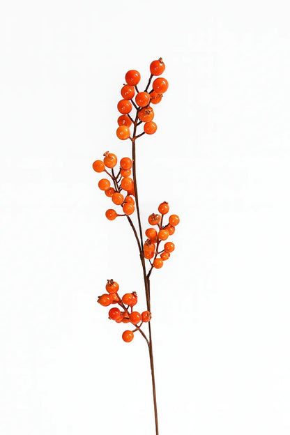 Detalle de una corona decorativa de otoño con ramas artificiales de bayas naranjas, hojas, calabaza y follaje decorativo.