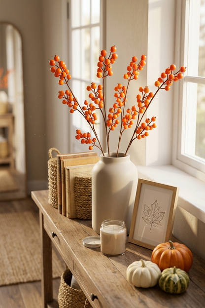 Florero con ramas artificiales de bayas naranjas sobre una consola con decoración otoñal en un ambiente de hogar.