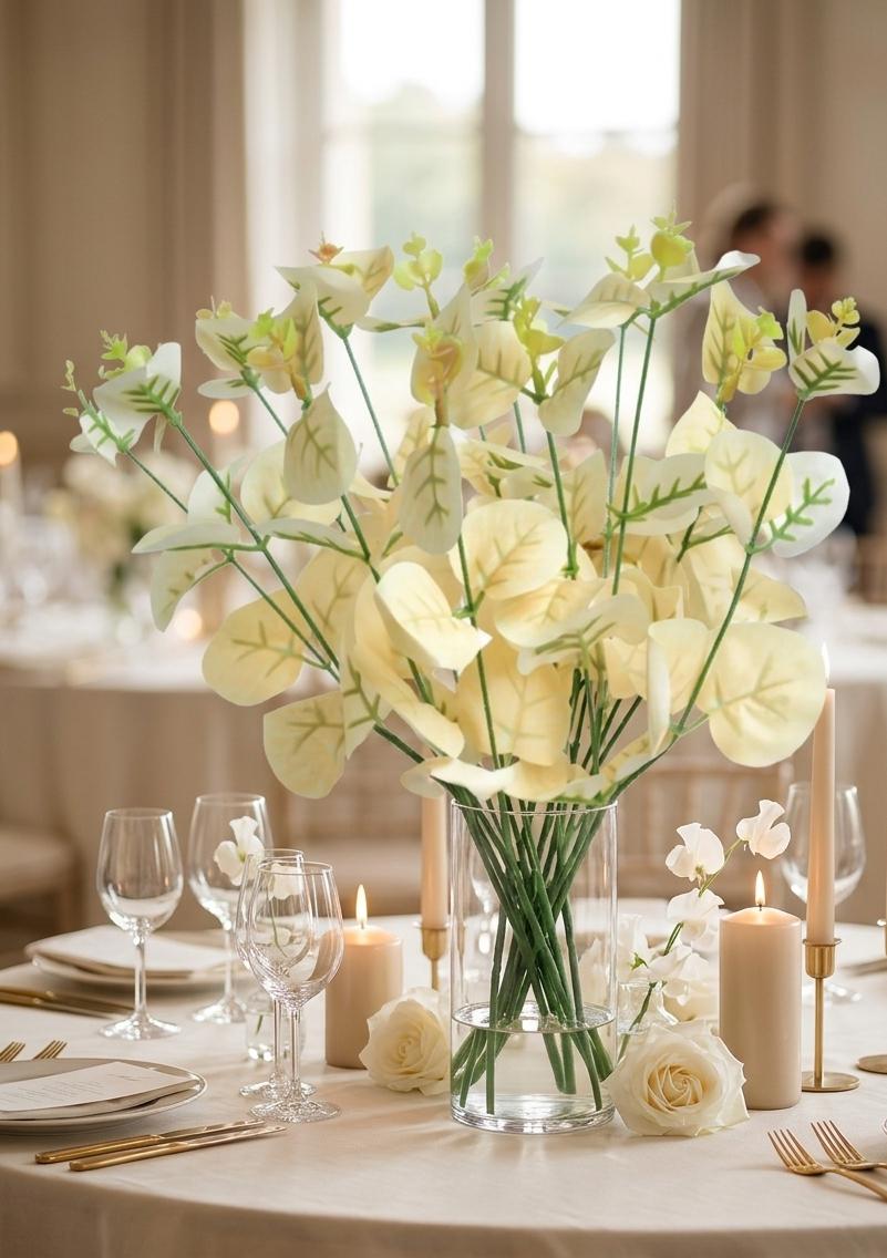 Rama de eucalipto artificial color crema colocada en un florero de vidrio como centro de mesa para boda o evento, ideal para arreglos florales y decoración elegante.