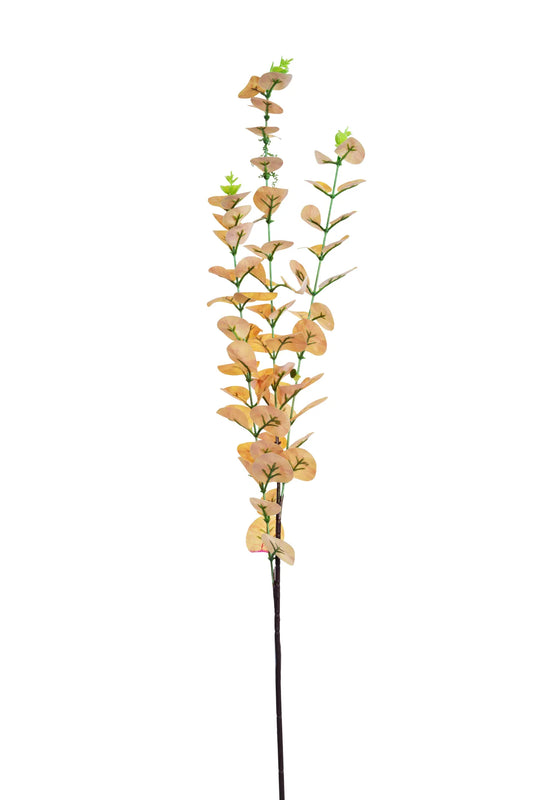 Rama de eucalipto artificial en tono dorado con hojas redondeadas y brotes verdes, ideal para arreglos florales, centros de mesa, bodas, eventos y decoración de interiores.