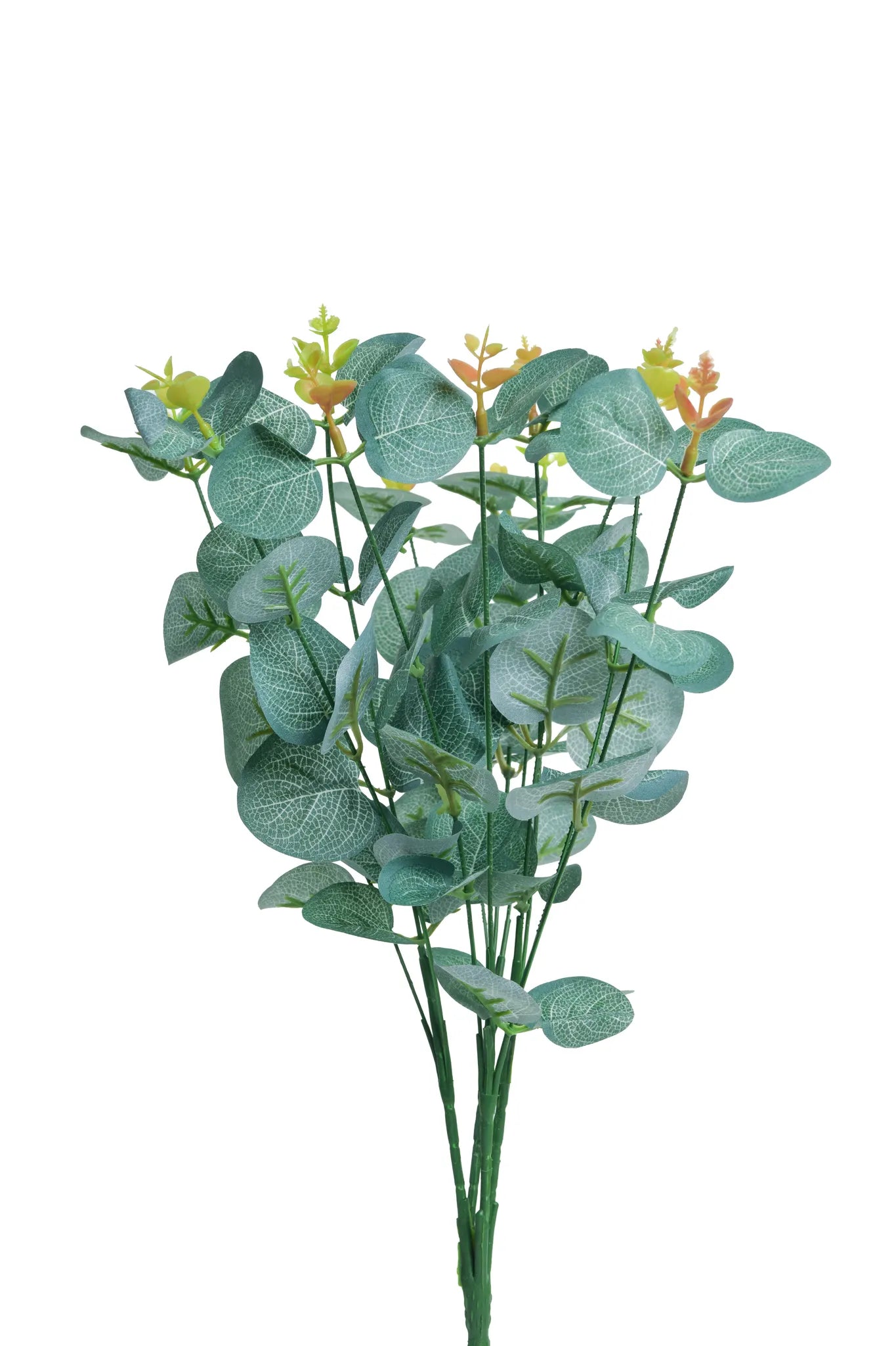Rama de eucalipto artificial verde con hojas redondeadas y brotes amarillos, ideal para arreglos florales, centros de mesa, bodas, eventos y decoración de interiores.