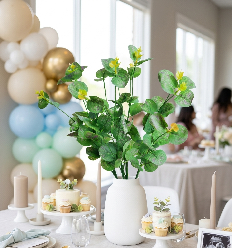 Rama de eucalipto artificial verde con brotes amarillos colocada en un florero blanco como centro de mesa para baby shower, ideal para arreglos florales, eventos y decoración elegante.