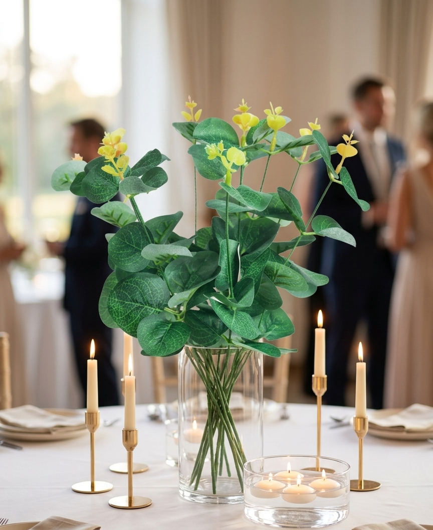 Rama de eucalipto artificial verde con brotes amarillos colocada en un florero de vidrio como centro de mesa para boda o evento, ideal para decoración elegante y arreglos florales.