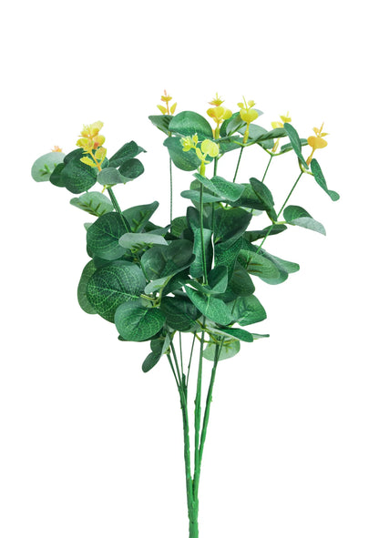 Rama de eucalipto artificial color verde con brotes amarillos, ideal para arreglos florales, centros de mesa, bodas, eventos y decoración de interiores.