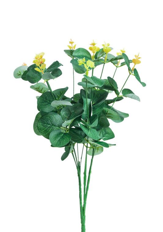 Rama de eucalipto artificial color verde con brotes amarillos, ideal para arreglos florales, centros de mesa, bodas, eventos y decoración de interiores.