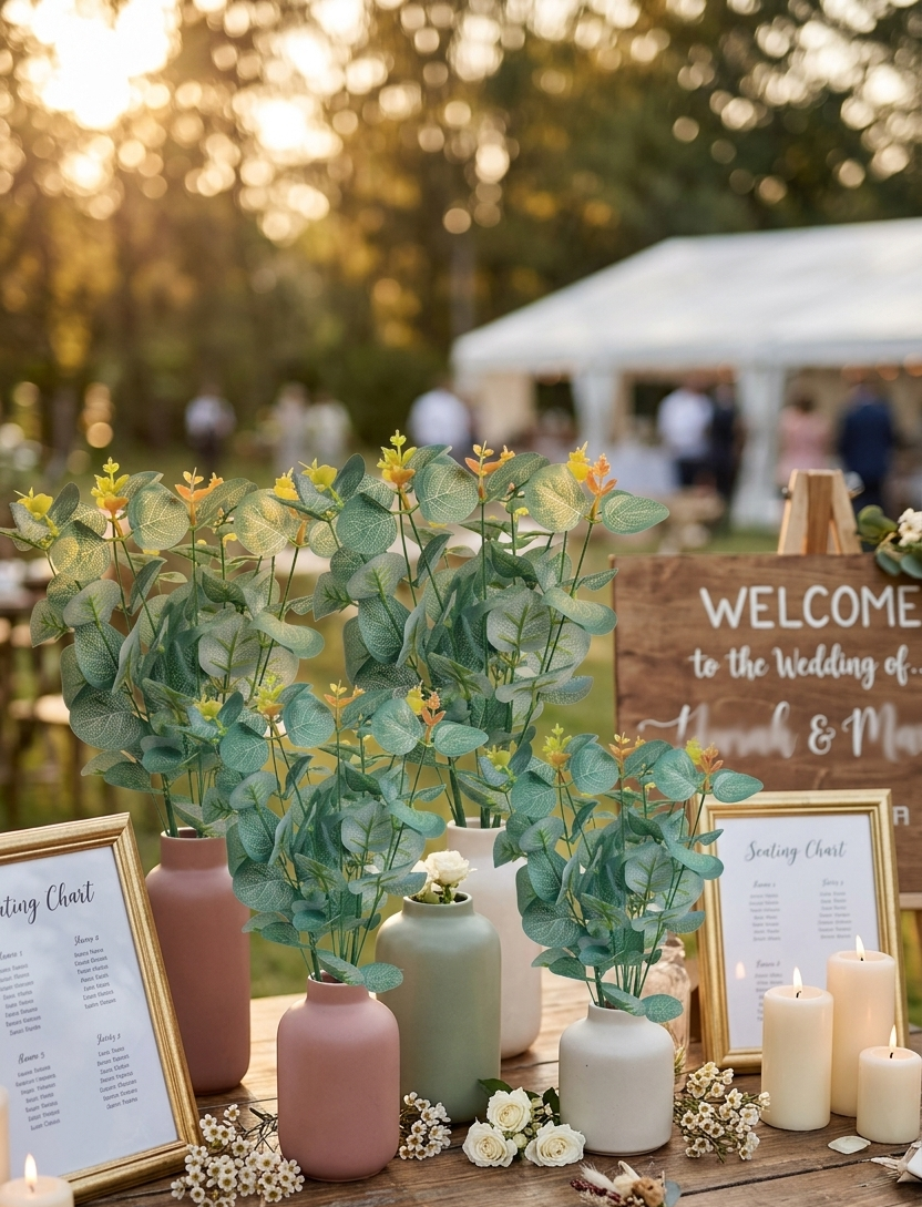 Ramas de eucalipto artificial verde con brotes amarillos decorando la mesa de bienvenida de una boda al aire libre, ideales para arreglos florales, centros de mesa y decoración de eventos.