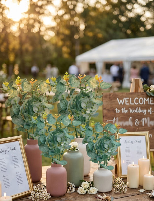 Ramas de eucalipto artificial verde con brotes amarillos decorando la mesa de bienvenida de una boda al aire libre, ideales para arreglos florales, centros de mesa y decoración de eventos.