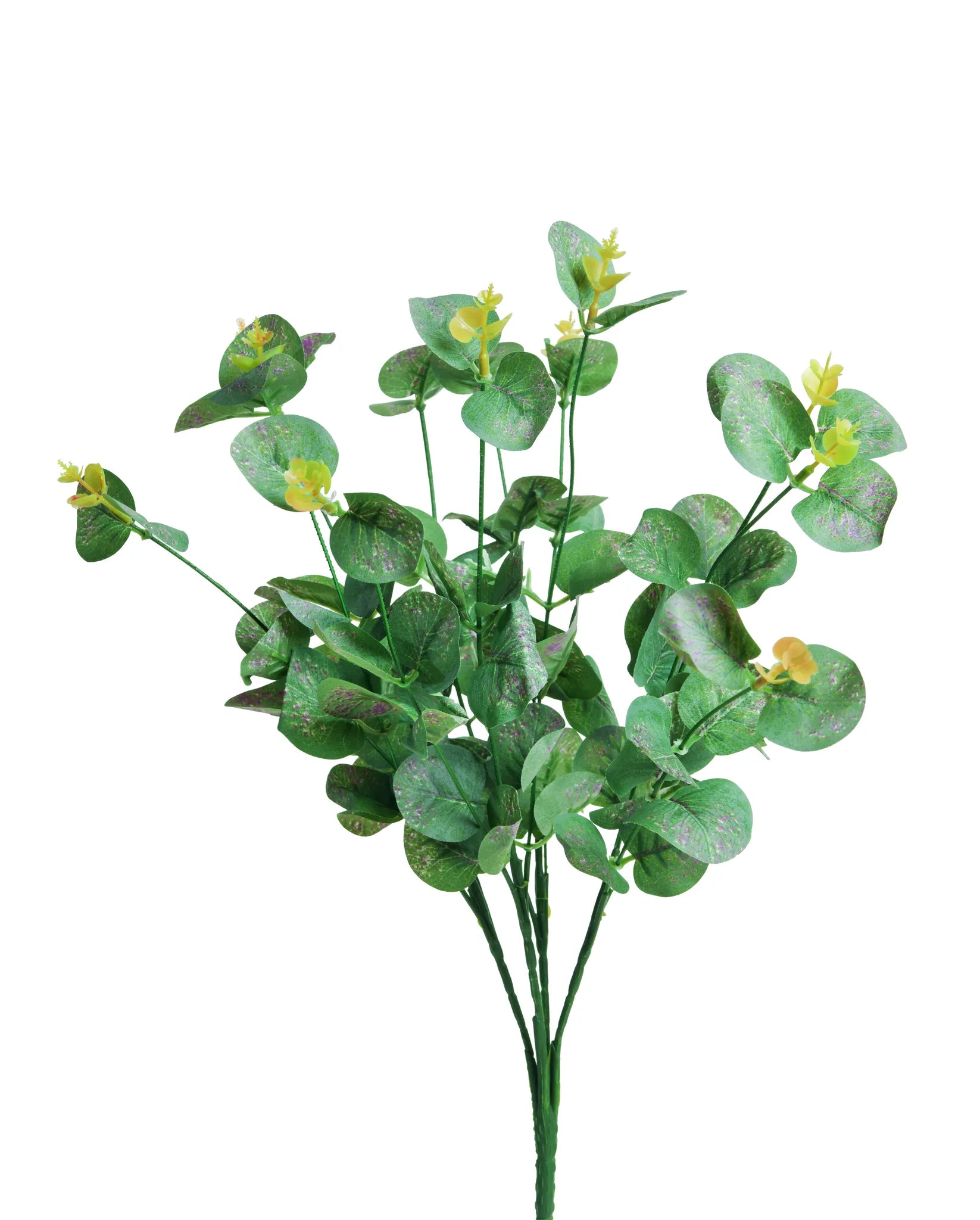 Rama de eucalipto artificial verde con hojas redondeadas y brotes amarillos, ideal para arreglos florales, centros de mesa, bodas, eventos y decoración de interiores.