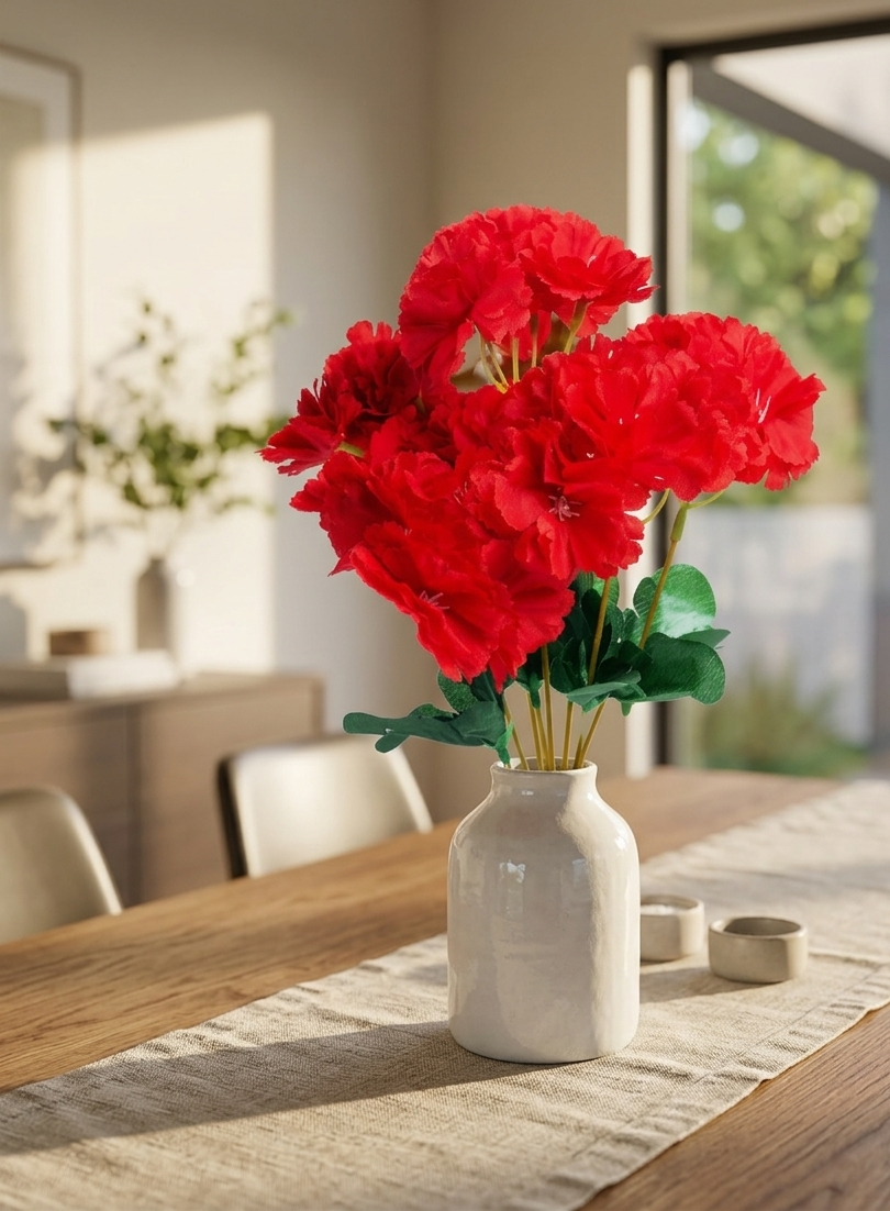 Ramo artificial de claveles rojos colocado en un florero blanco sobre una mesa de comedor de madera con decoración minimalista e iluminación natural.