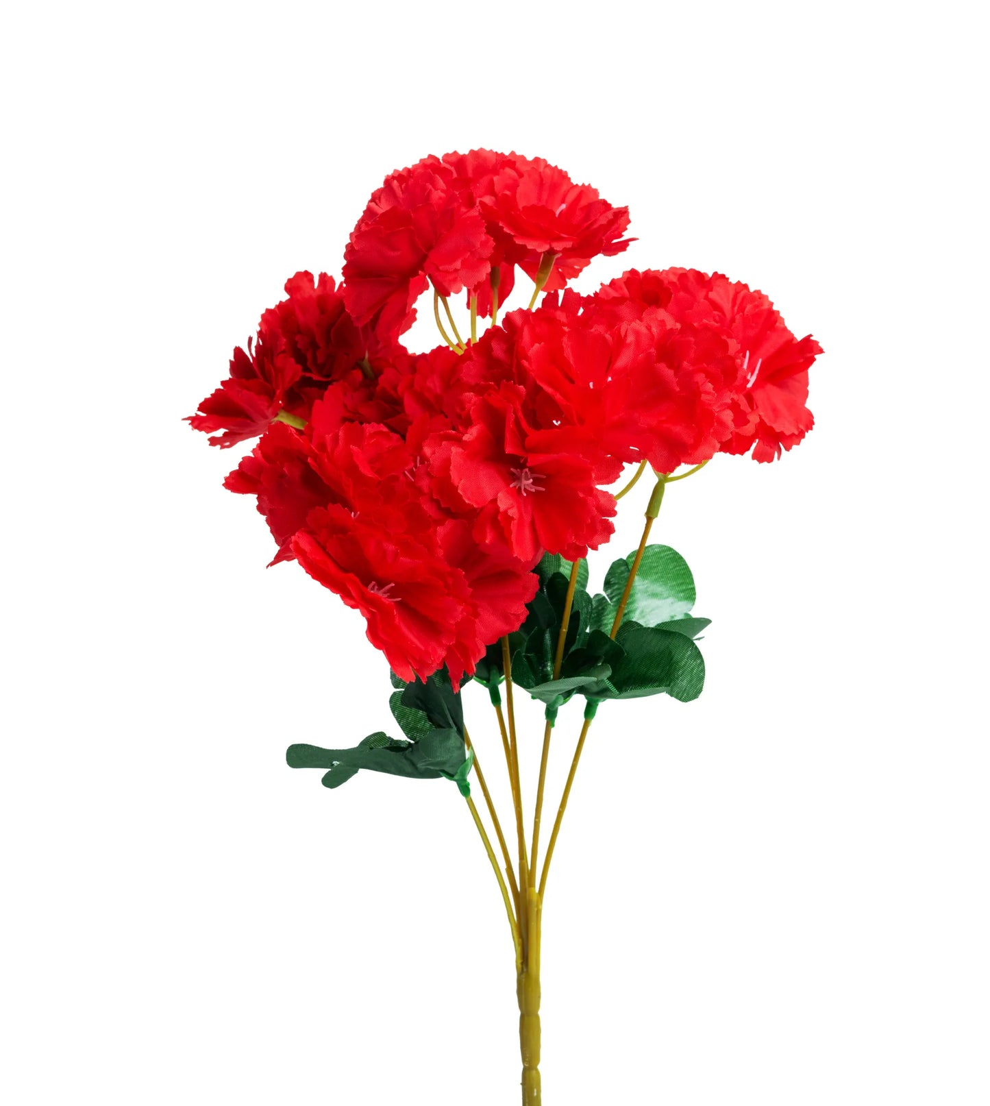 Ramo artificial de claveles rojos con follaje verde de aspecto realista, ideal para arreglos florales, decoración del hogar, centros de mesa y eventos.