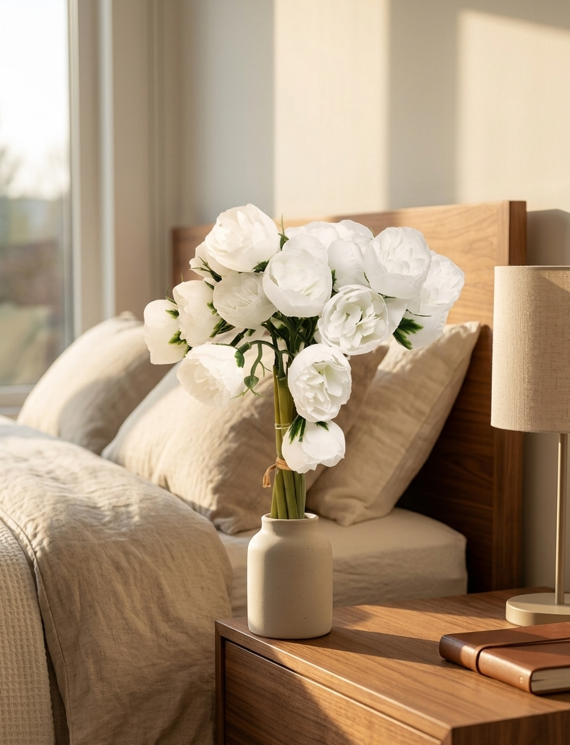 Ramo artificial de peonías blancas colocado en un florero sobre un buró de madera en una recámara con decoración minimalista e iluminación natural.