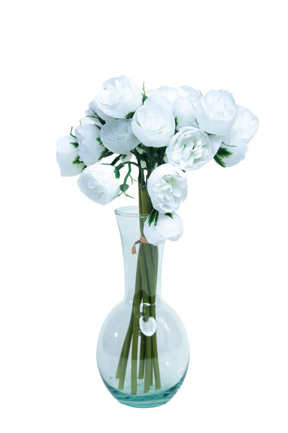 Ramo artificial de peonías blancas con flores de apariencia realista en florero de vidrio, ideal para centros de mesa, decoración del hogar, eventos y arreglos florales.