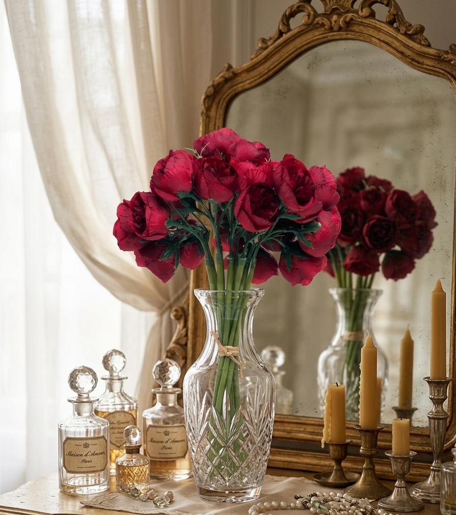 Ramo artificial de ranúnculos color vino colocado en un florero de vidrio sobre un tocador estilo vintage con espejo antiguo, velas y frascos decorativos.