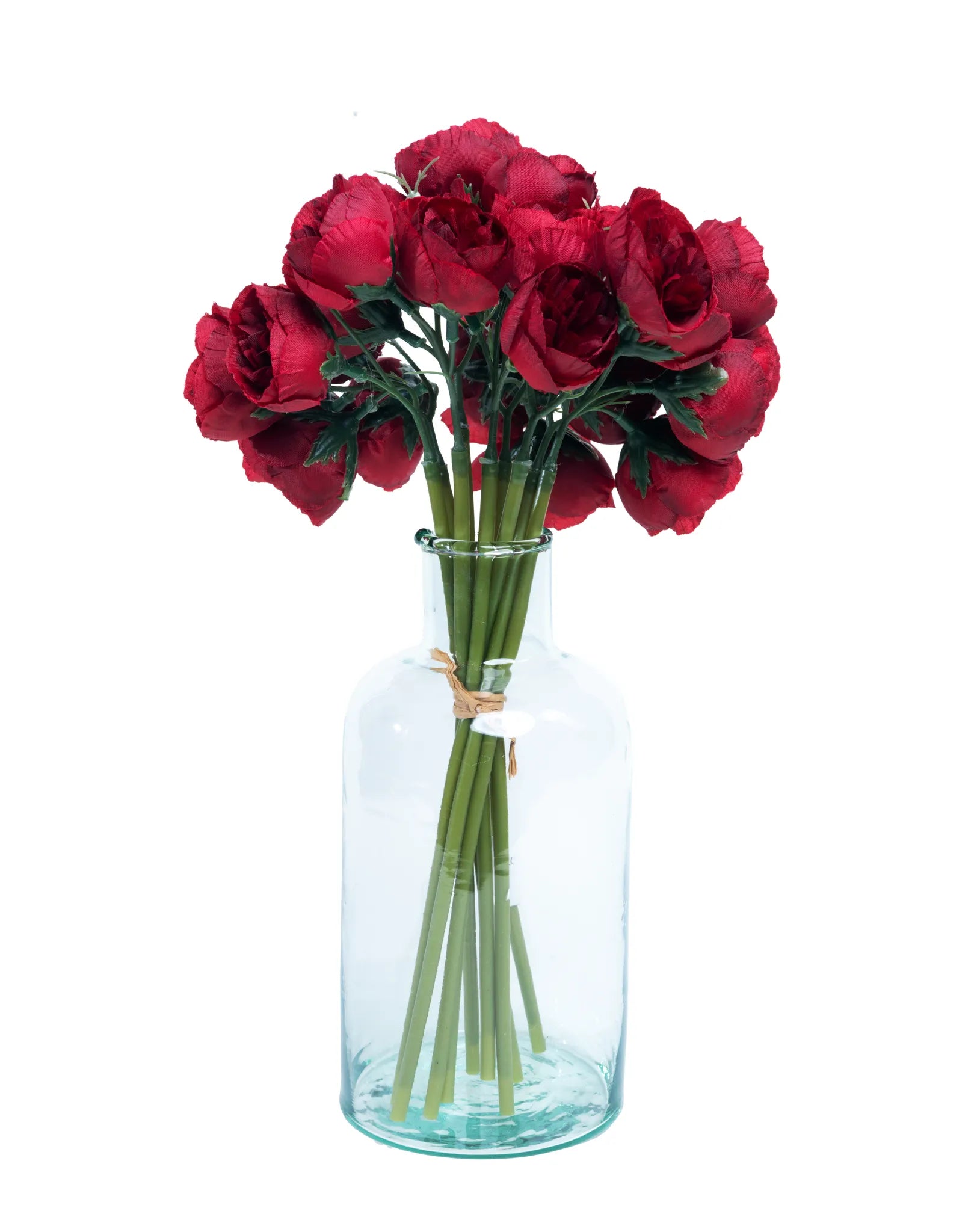 Ramo artificial de ranúnculos color vino con follaje verde en florero de vidrio, ideal para arreglos florales, decoración del hogar, centros de mesa y eventos elegantes.