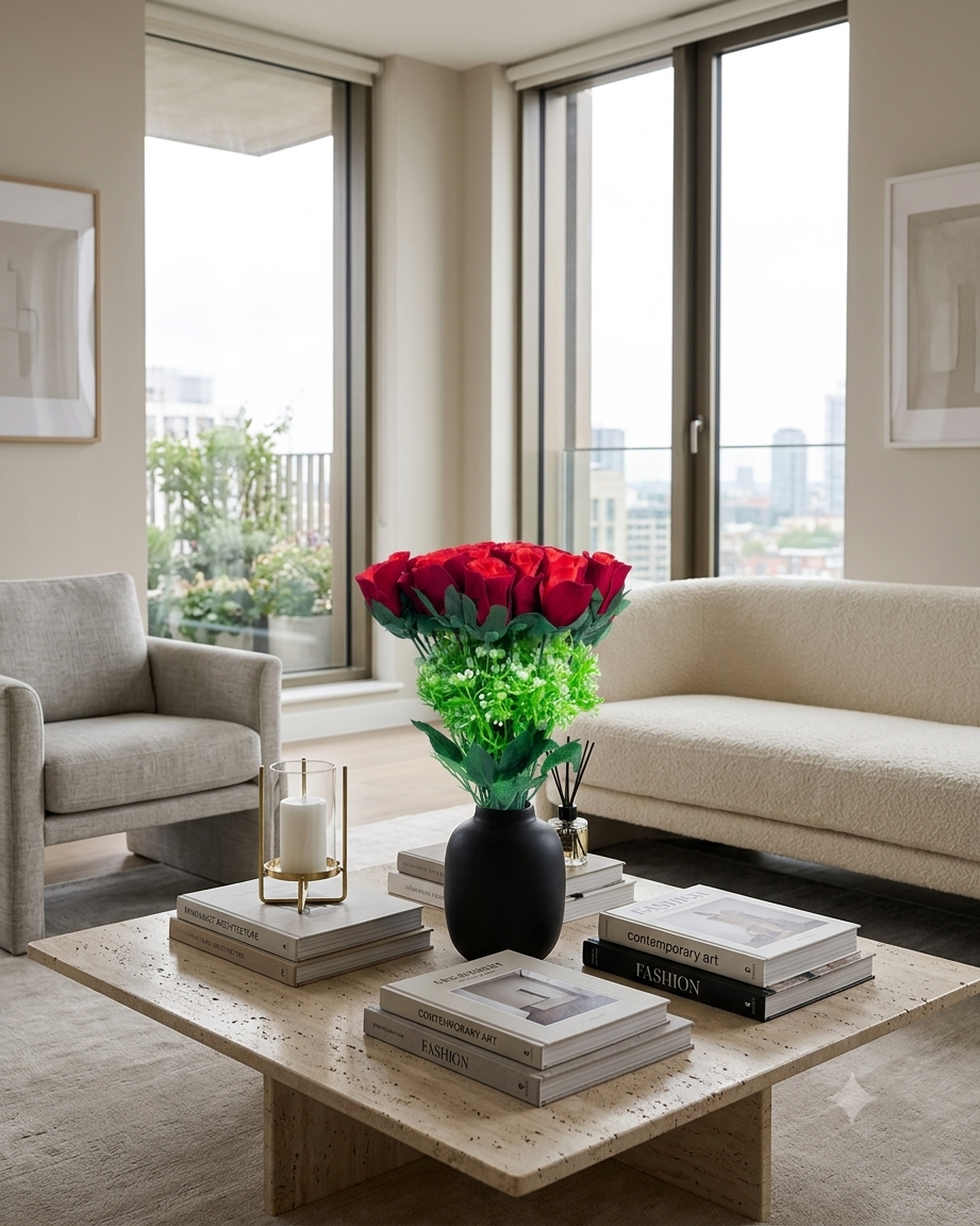 Ramo artificial de rosas rojas colocado en un florero negro sobre una mesa de centro en una sala moderna con iluminación natural, ideal para decorar interiores.