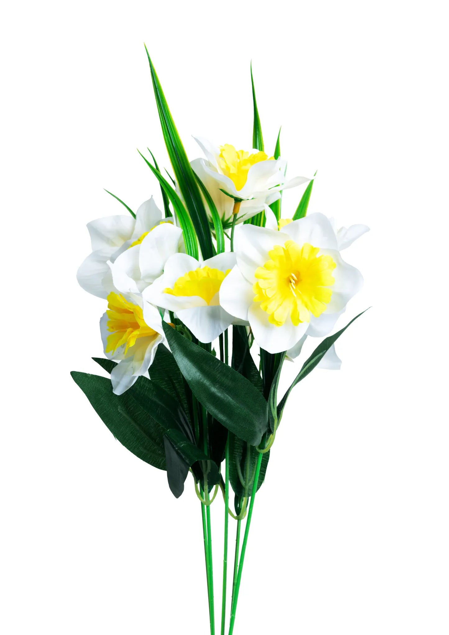Ramo de narcisos artificiales de 5 varas color blanco con centro amarillo y hojas verdes, ideal para arreglos florales, decoración del hogar, centros de mesa y eventos.