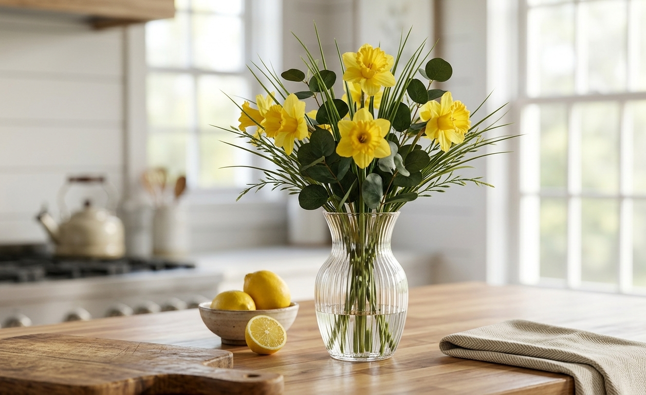 Ramo de narcisos artificiales amarillos colocado en un florero de vidrio sobre una isla de cocina con decoración luminosa, ideal para aportar un toque fresco y primaveral al hogar.