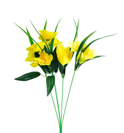 Ramo de narcisos artificiales amarillos con hojas verdes, ideal para arreglos florales, decoración del hogar, centros de mesa, eventos y ambientaciones primaverales.