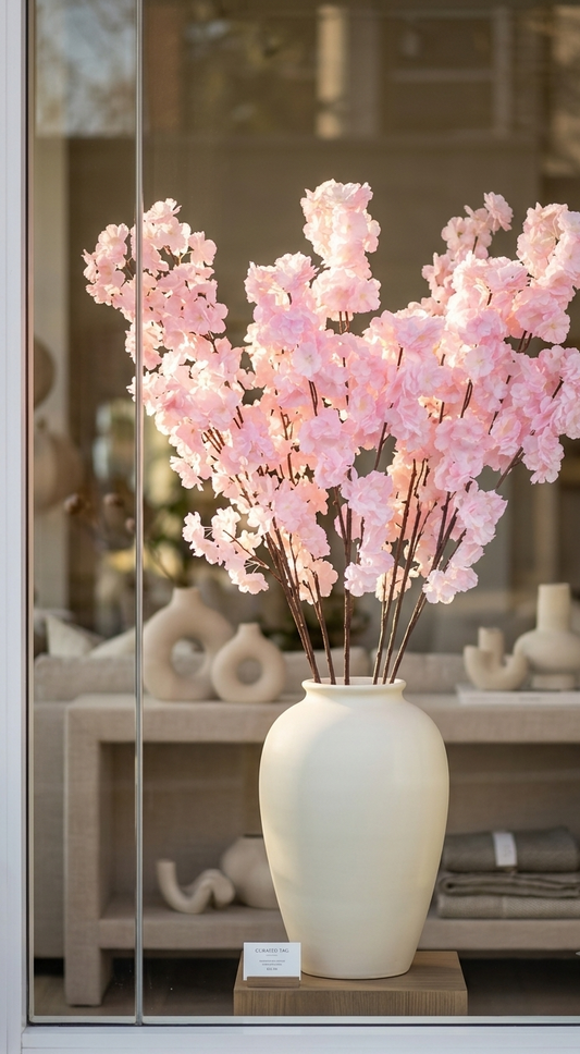 Vara de cerezo artificial color rosa colocada en un florero de cerámica sobre una consola decorativa, ideal para dar un toque elegante y primaveral a la sala o recibidor.