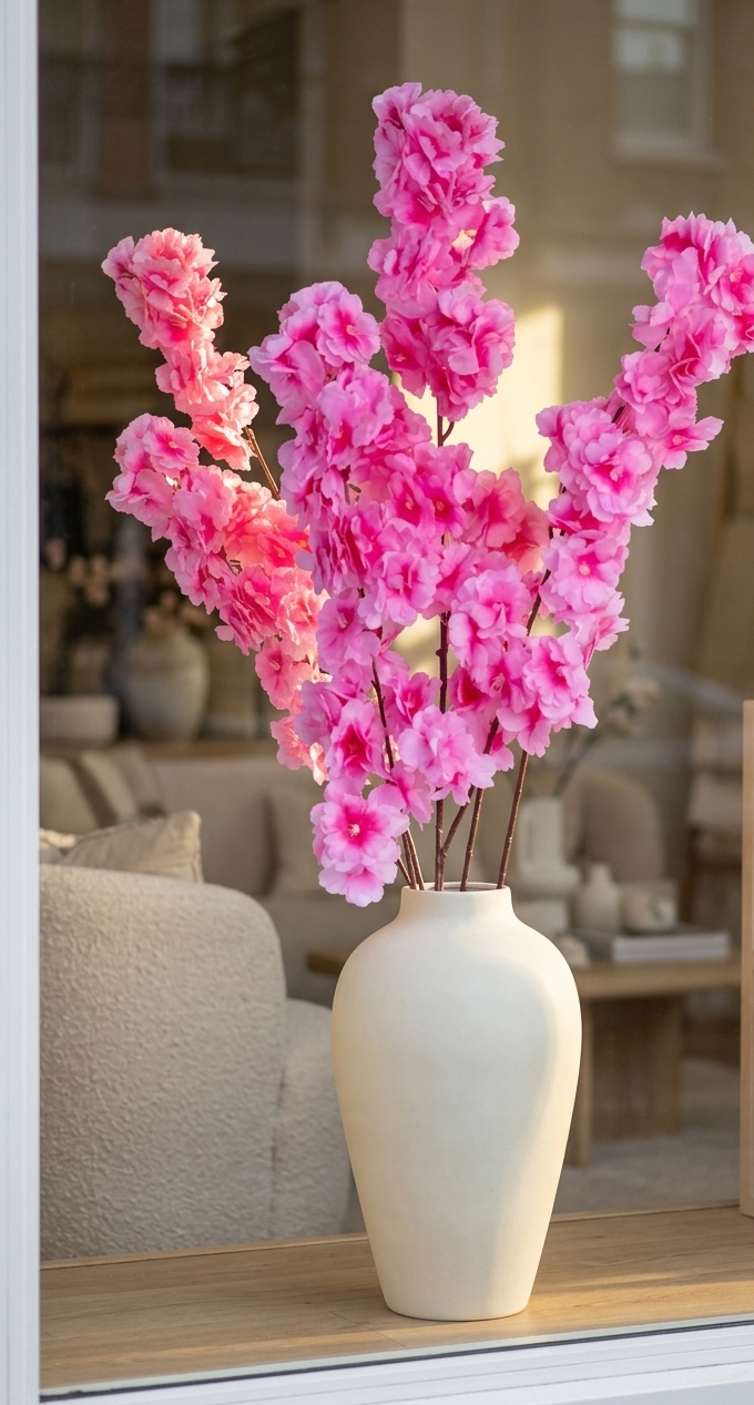 Vara de cerezo artificial color rosa fucsia colocada en un florero de cerámica sobre una consola decorativa, ideal para dar un toque elegante y primaveral a la sala o recibidor.