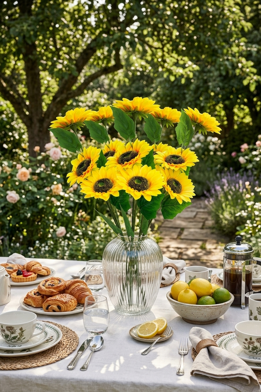 Vara de girasoles artificiales colocada en un florero de vidrio como centro de mesa durante un desayuno al aire libre en un jardín, aportando un ambiente cálido y natural.