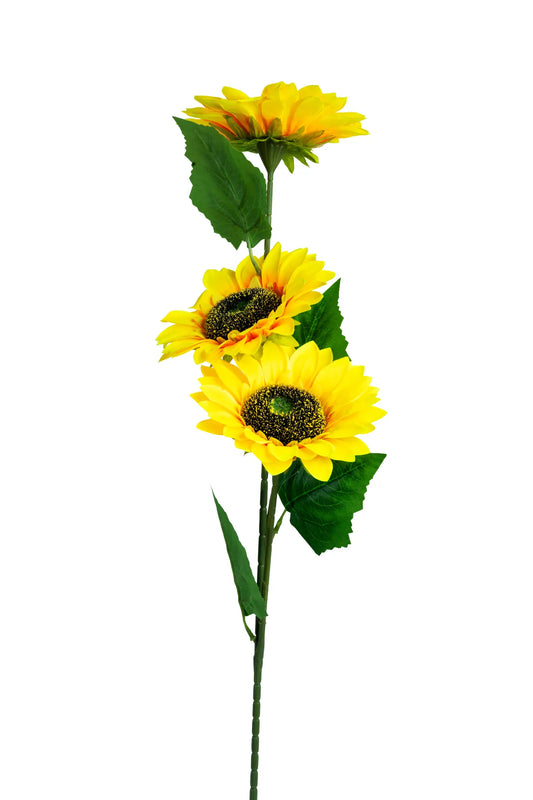 Vara de girasoles artificiales con tres flores amarillas de apariencia realista y hojas verdes, ideal para arreglos florales, centros de mesa, decoración del hogar y eventos.